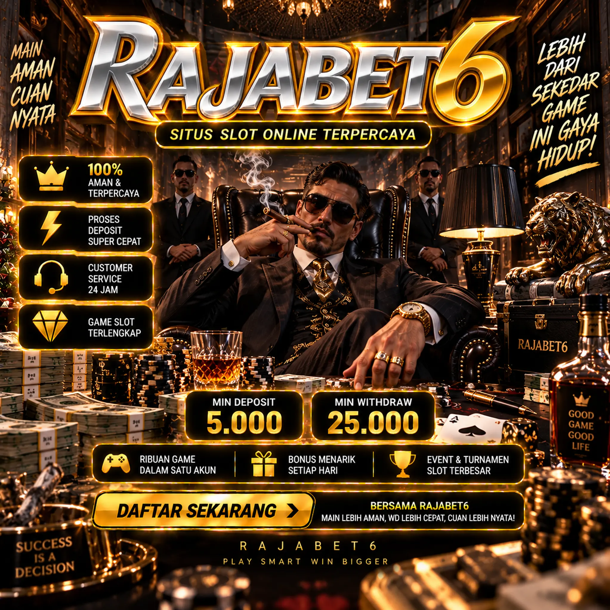 Banner RAJABET6 menampilkan pilihan game, informasi promo, minimum deposit dan withdraw, serta layanan bantuan